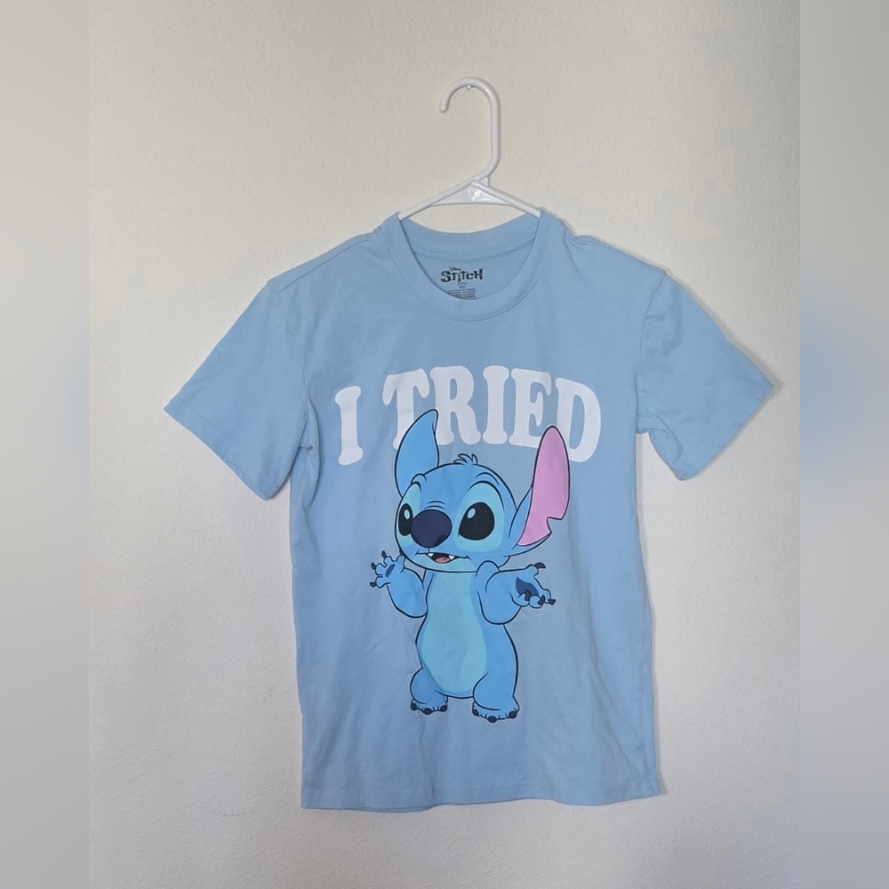 Disney Lilo & Stitch Graphic Character T-Shirt I Tried Light Blue Tee XXS